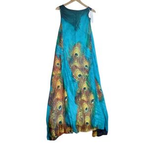 Wantdo Secret Peacock Feather Print Sleeveless Maxi Dress Turquoise Blue Large